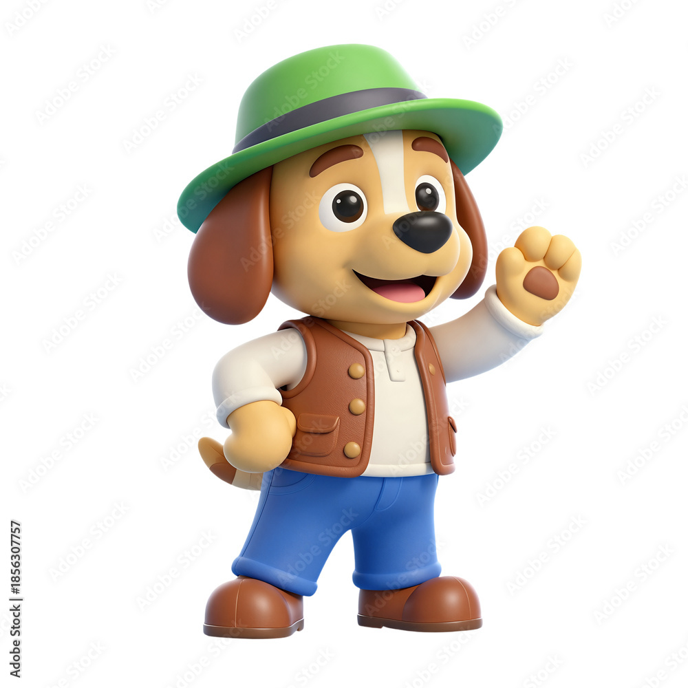 Fototapeta premium Cute cartoon dog mascot waving while wearing a hat