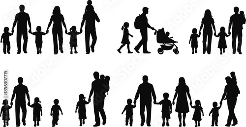Family silhouette collection, diverse group poses, parent and child interaction, black figures, caregiving moments, everyday activity, social concept