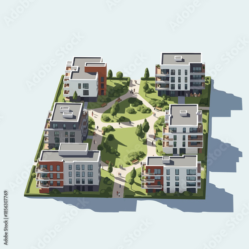 Modern Apartment Complex with Green Courtyard and Walkways.