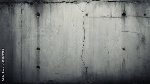 Cracked Concrete Wall Texture with Dark Stains and Bolt Holes.