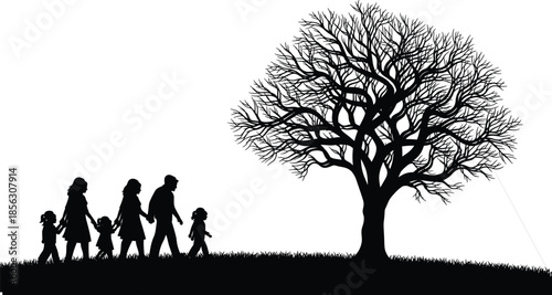 Family silhouette walking under bare tree together nature landscape concept cad drawing flat vector illustration black white scene