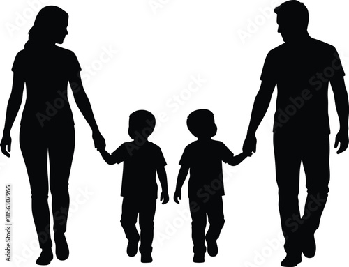 Family walking silhouette, parents and children, unity theme, black illustration, togetherness concept, white background, hand-in-hand, icon