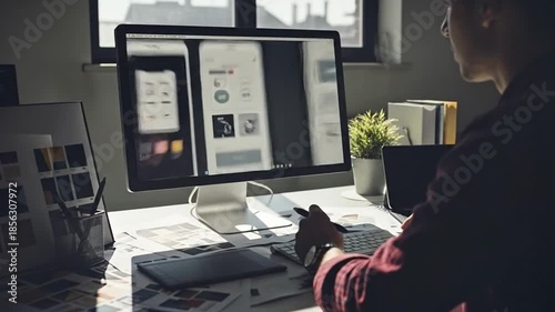 Designer working on a computer screen displaying mobile app interfaces.