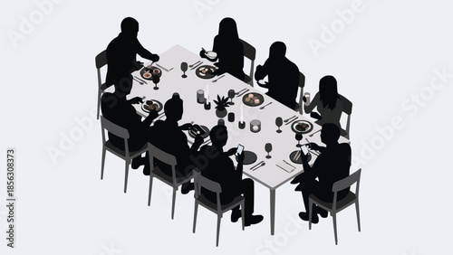 Silhouette of people dining at a long table with food and drinks.
