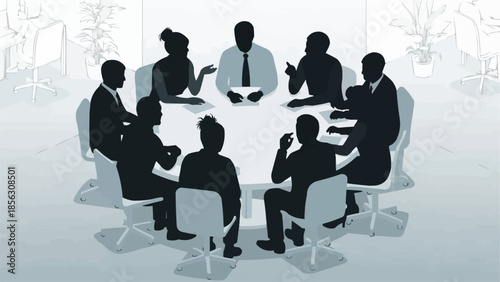 Silhouettes of business people meeting around a conference table.