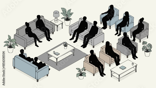 Group Therapy Session with Multiple People Sitting in a Circle.