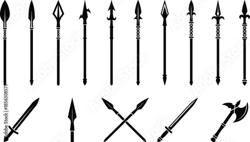 Ancient spear and sword weapon icon collection, black silhouette medieval arms vector set for fantasy, battle, game, and history design