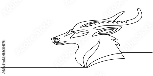 Continuous one line drawing of an antelope head with long horns. Minimalist vector illustration of a gazelle or impala. Abstract wildlife animal sketch design isolated on white background