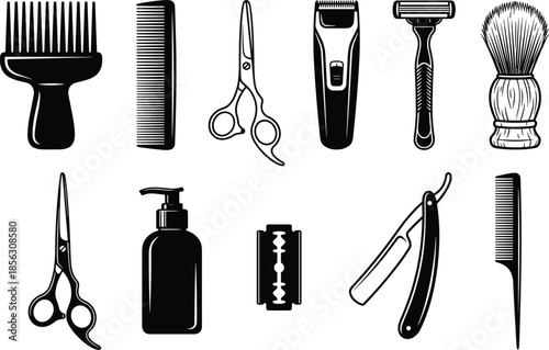 Barber and hair salon tool icon set showing scissors clippers razors combs brushes grooming equipment black vector silhouettes isolated