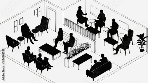 Isometric illustration of people in a modern waiting room or lounge area.
