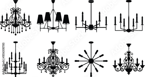 Chandelier silhouettes set of luxury ceiling lamps, vintage and modern hanging lighting fixtures, elegant interior decor vector illustration isolated black