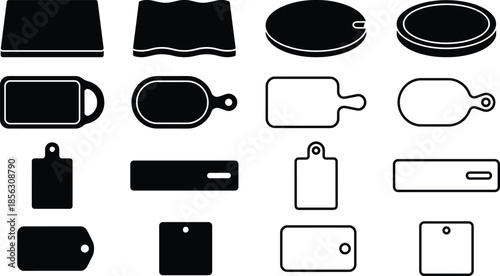 Cutting board icons set, kitchen chopping boards and serving trays, minimal black silhouette cooking tools illustration collection