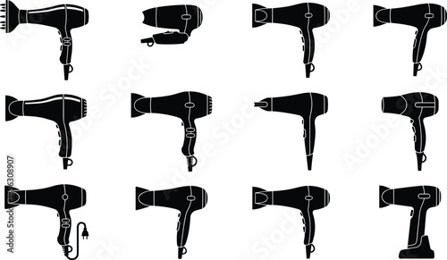 Hair dryer silhouette icon collection, black vector electric blow dryer set for beauty salon, hair styling, grooming, and household use