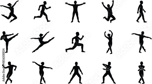 Human action silhouette icon set showing dancing, running, jumping, fitness poses, black vector people collection isolated on white background design