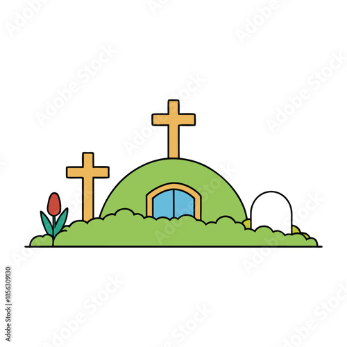 A serene Easter scene with an empty tomb, three crosses on a hill, soft morning light, and gentle sky tones, symbolizing hope, resurrection, and new beginnings.
