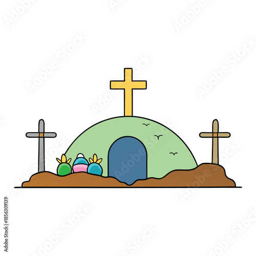 A serene Easter scene with an empty tomb, three crosses on a hill, soft morning light, and gentle sky tones, symbolizing hope, resurrection, and new beginnings.
