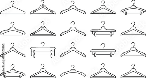 Minimal clothes hanger icon collection, black outline vector set showing various hanger shapes for wardrobe, closet, fashion, and laundry use