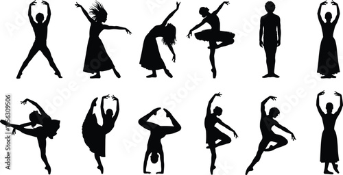 Silhouette dancers performing ballet and contemporary poses, artistic dance illustration collection, elegant movement concept, expressive choreography figure set for creative design