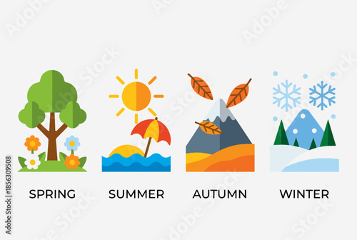Four Seasons Concept Illustrations with Spring, Summer, Autumn, and Winter