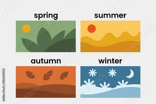 Minimalist Illustration of Four Seasons Spring, Summer, Autumn, and Winter