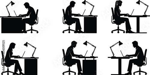 Silhouette men and women working on laptops at desks with lamps, modern office illustration, professional workspace concept, business productivity scene