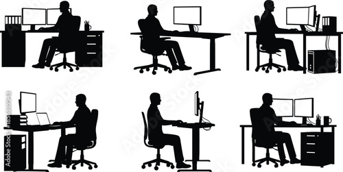 Silhouette office workers at desks with computers, modern workplace setup, business productivity scenes, professional workstation illustration, digital technology environment