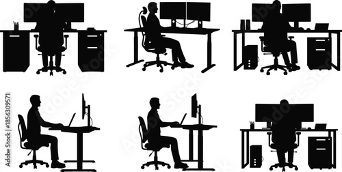 Silhouette office workers using computers at desks, modern workplace setup, professional workstation illustration, business productivity environment, digital technology workspace
