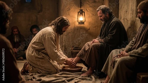 Religious Scene: Jesus Washes Another's Feet in Humble Indoor Setting