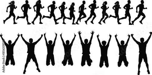 Silhouette people running and jumping in motion, fitness activity illustration, athletic movement concept, sports exercise figures, healthy lifestyle graphic design