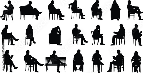 Sitting people silhouettes, men and women reading or resting, various seated poses on chairs and benches, relaxed lifestyle illustration collection