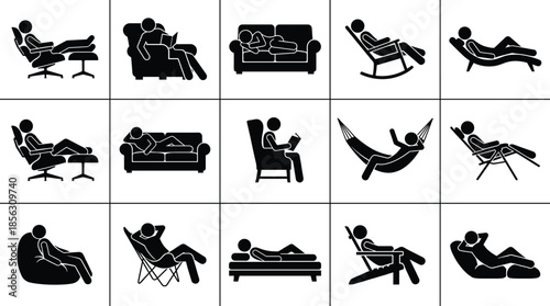 Relaxing people icon grid, resting sleeping sitting lounging poses, minimal black silhouette symbols for comfort lifestyle illustration set collection vector