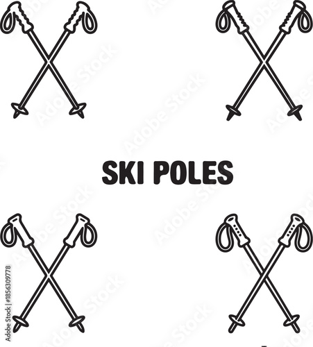 Four pairs of black and white ski poles with straps and tips