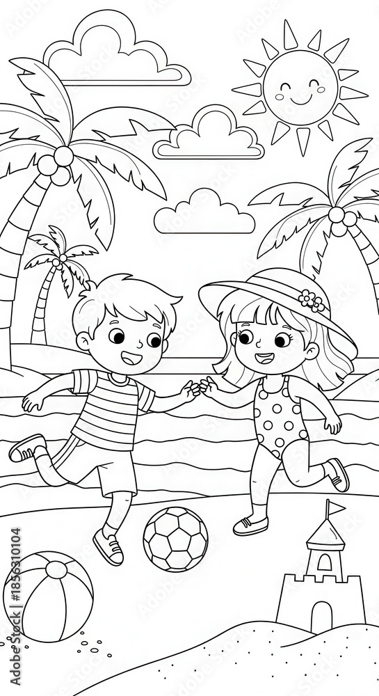 Fototapeta premium Joyful children playing on a sunny tropical beach scene with ocean waves and palm trees