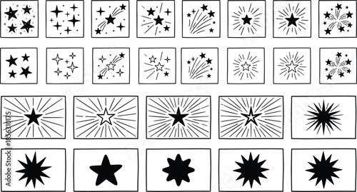 Star icon frames set, sparkle shooting stars and bursts shapes, minimal black silhouette symbols for magic decorative illustration