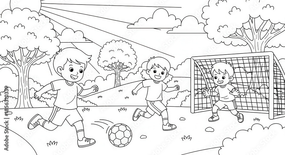 Fototapeta premium Children happily playing a game of soccer outdoors near a goal under sunny skies