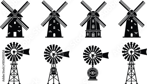 Windmill icon set, traditional farm windmills and water pumping towers, minimal black silhouette rural energy illustration collection vector