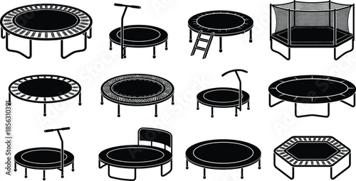 Trampoline icons set, indoor and outdoor jumping trampolines with safety nets, minimal black silhouette fitness equipment illustration