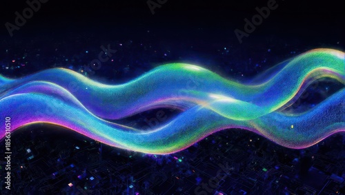 Abstract flowing iridescent waves against a dark starry background.