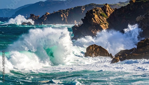 Powerful waves crashing against rocky coastline in a scenic seascape.