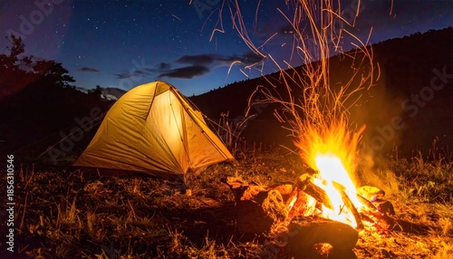 Cozy Tent and Crackling Campfire Under a Twilight Sky.