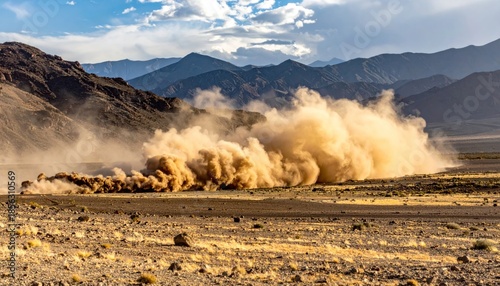 Dust cloud kicked up by a vehicle in a desert landscape.