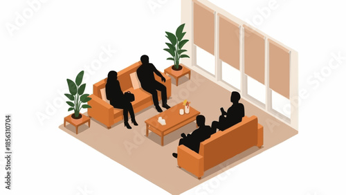 People sitting on sofas in a modern waiting room.