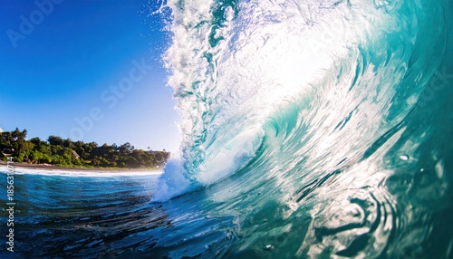 Ocean wave cresting in the sunlight with a tropical island in the background.