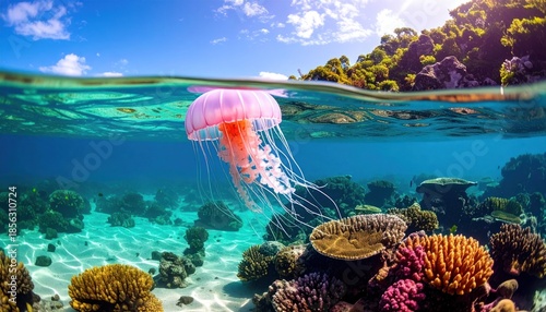 Pink Jellyfish Drifting in a Tropical Coral Reef.