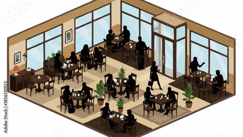 Isometric view of a busy restaurant interior with silhouetted patrons.