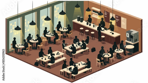 Isometric view of a busy coffee shop interior with patrons.