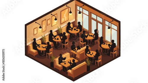 Isometric view of a cozy cafe interior with patrons enjoying their time.