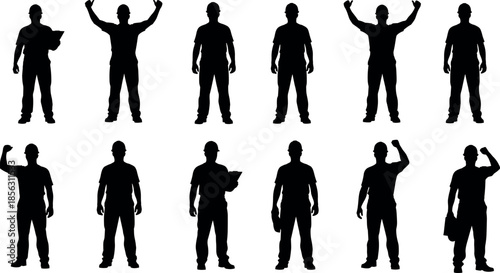 Construction worker silhouette set with industrial builders in hard hats, professional labor team and contractor icons vector illustration collection.