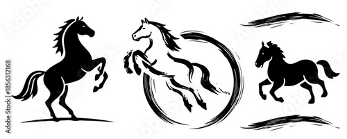 Collection of horse silhouettes and ink circles