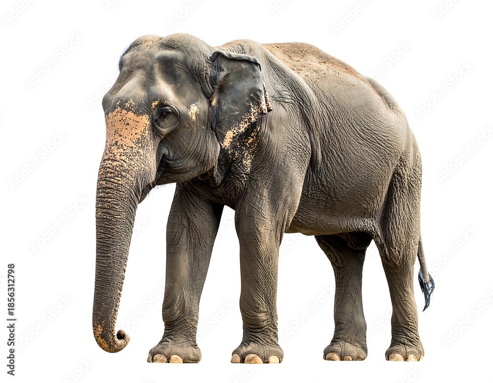 Obraz premium Large adult elephant standing against a bright white background